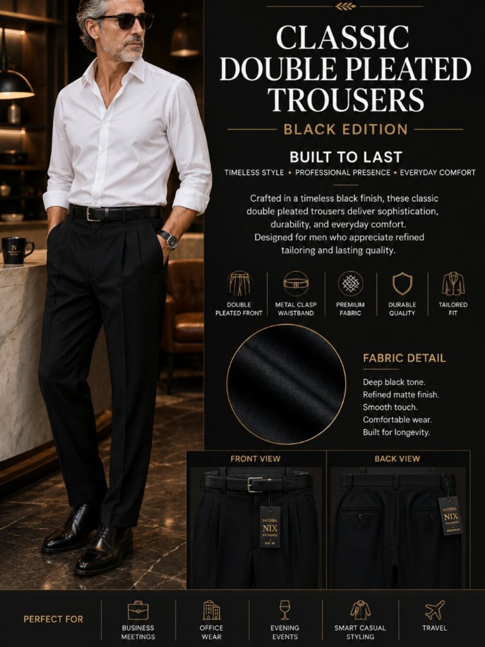 NEW- N/X - 38" X 32" BLACK COLOR -Double Pleated-Classic Fit